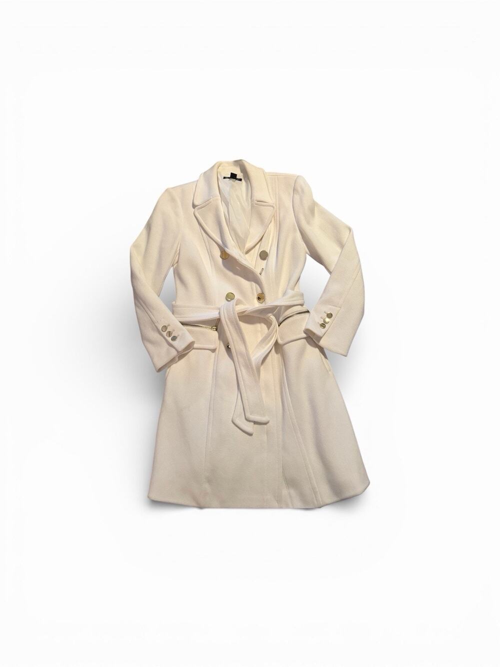 Elegant Double Breasted Strap Tight Fit Long Women's Split Coat Off White Medium